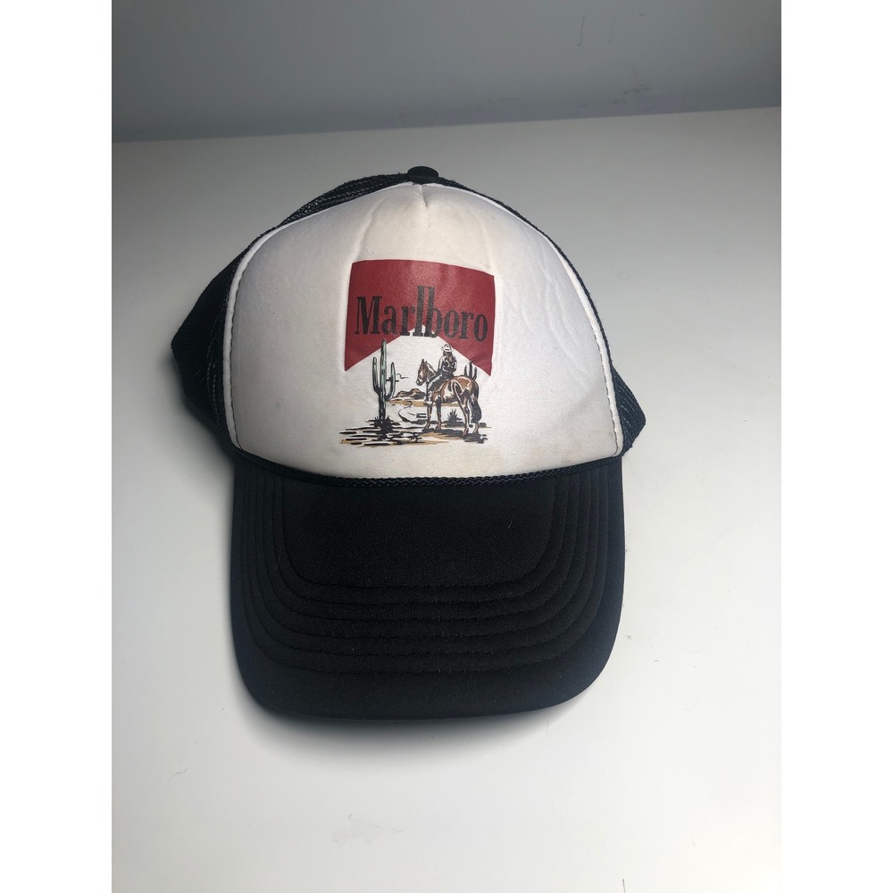 Marlboro Trucker Hat Mens OSFA Black White Vintage Cowboy Graphic Nissun Cap